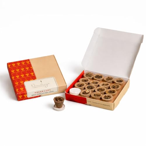Image of Nirmalaya Premium Organic Havan Cups Variety Pack 60 pcs | Desi Cow Dung, Rooh Gulab, Sambrani, Kesar Sandalwood Dhoop Cups for Pooja | Includes Diyas Stands | Havan Samagri Offering