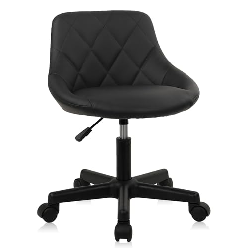 Image of KLASIKA Black Low Back Rolling Stool PU Leather Vanity Stools, Adjustable Height Ergonomic Swivel Rolling Desk Stool Work Office Swivel Chair, Makeup Salon Spa Stools