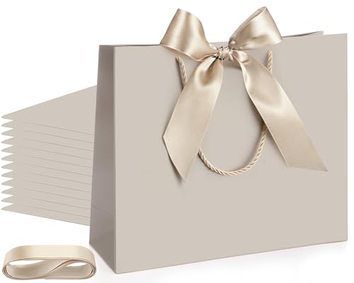 Silkfly 12 Pcs Gift Bags with Handles for Bridesmaid, 12x10x4'' Wedding Welcome Elegant Gift Bags with Bow Ribbon for Graduation Groomsmen Women Baby Shower Birthday Housewarming (Orange,Gold)