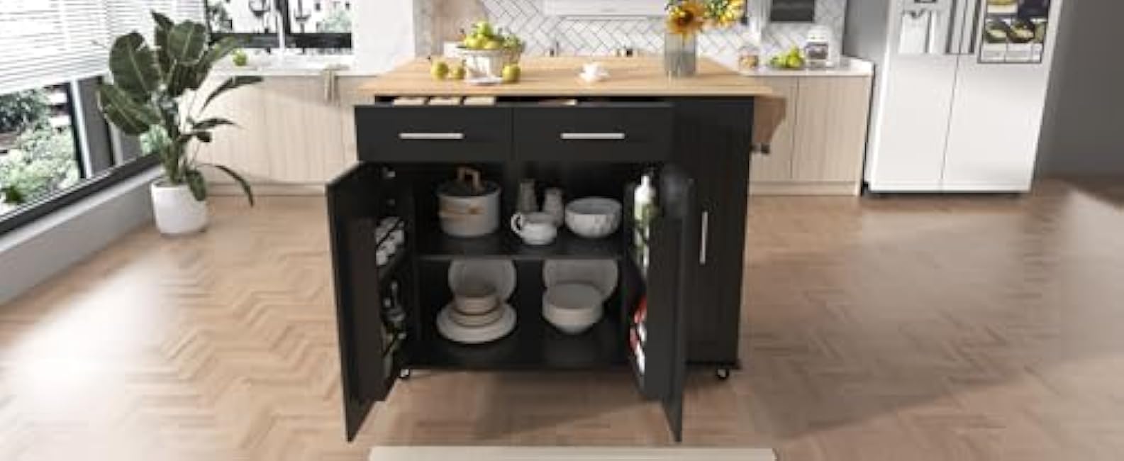 Versatile Kitchen Island with Drop Leaf for Enhanced Space Management, Mobile Storage Cart with Pull-Out Organizer, Two Drawers and Towel Rack, Black-sHSfzvY7