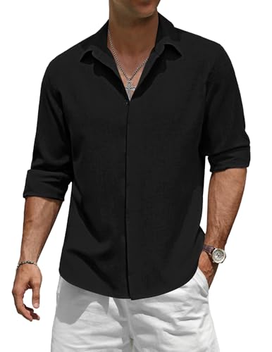 TARAINYA Camisa Lino Hombre Manga Larga Verano Casual Regular Fit Botones Ocultos Negro 3XL