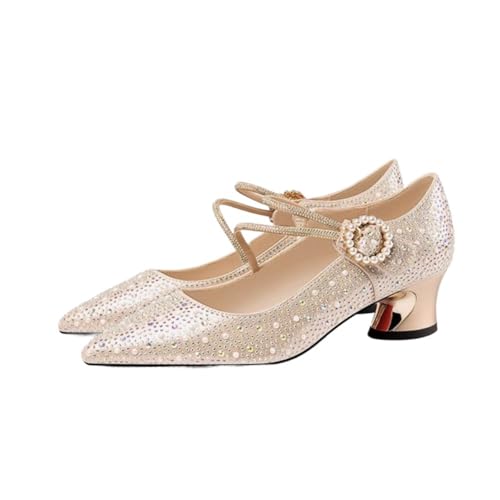 Women's Closed Pointed Toe Rhinstone Pumps Chunky Block High Heel Dress Office Party Wedding Shoes for Women