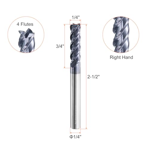Image of HARFINGTON Carbide Square Nose End Mill Bit 1 /4 inch Cut Dia 4 Flutes TiAlN Coated Milling Cutter for Hardened Steel Metal (1 /4 inch Shank 3 /4 inch Cut Length 2-1 /2 inch Long 45 Degree Helix)