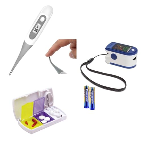 EURI | Pack Pulsioxímetro, Termómetro Digital Punta Flexible y Pastillero Cortador | Oxímetro | Termómetro Digital preciso| Pastillero con cortador| Adultos y Niños | Para Toda La Familia