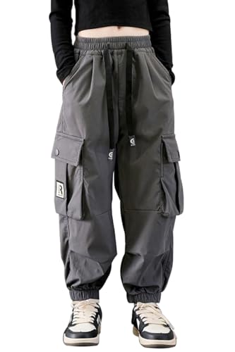 Image of AOWKULAE Girls Casual Cargo Pants for Kids Drawstring Elastic Waist Jogger Pants 6-14 Years