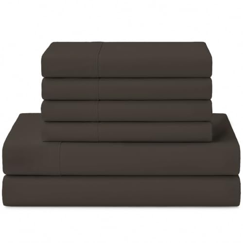 Image of Linen Home 100% Cotton Percale Sheets King Size, Smoky Charcoal, Deep Pocket, 6 Pieces Set- 1 Flat, 1 Fitted and 4 Pillowcases, Crisp Cool and Long Staple Strong Bed Linen