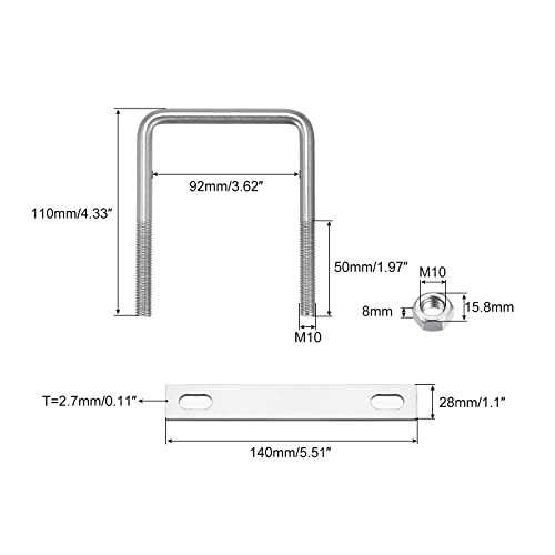 Image of uxcell Square U-Bolts, 92mm(3.62 inch) Inner Width 110mm Length M10 304 Stainless Steel U Clamp Bolt with Nuts and Plates, for Boat Trailer