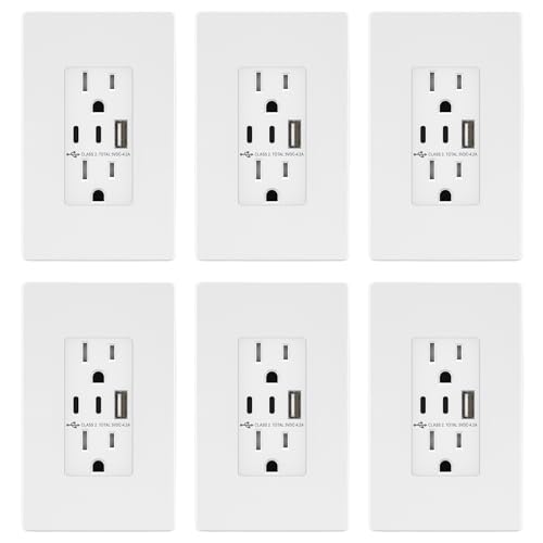 Image of TOPGREENER 4.2A 3-Port Type C USB Outlet, 15 Amp Receptacle Plug, Charging Power Outlet with Dual Type C&A Ports, Screwless Wall Plate Included, UL Listed, Residential Grade, White, 6 Pack
