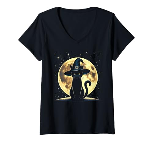 Mujer Vintage Scary Halloween Black Cat Costume Witch Hat And Moon Camiseta Cuello V