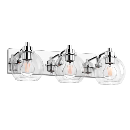 Image of 3 Light Bathroom Light Fixtures-Chrome Bathroom Vanity Lights, Modern Vanity Lights 3-Light Bathroom Lighting Fixtures Over Mirror with Clear Glass Globe Shade
