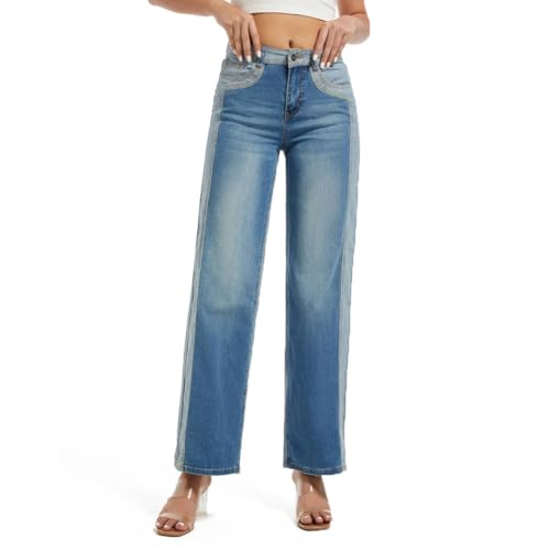 LAFOURAM Patchwork Jeans for Women High Waisted Two Tone High Waisted Chic Denim Color Block Jeans Dark Blue Medium