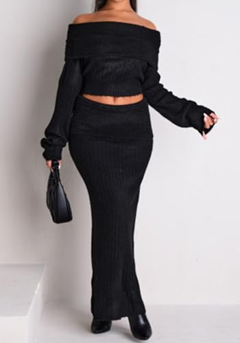 Image of Unybwonn Skirt Sets Women 2 Piece Outfits off the Shoulder Sweater and Knitted Skinny Maxi Skirts Fall Casual Outfits