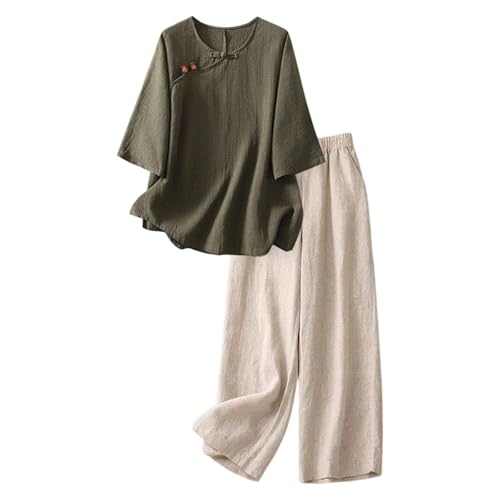 Conjunto de lino para mujer de dos piezas monocolor con camiseta de cuello redondo manga 3/4