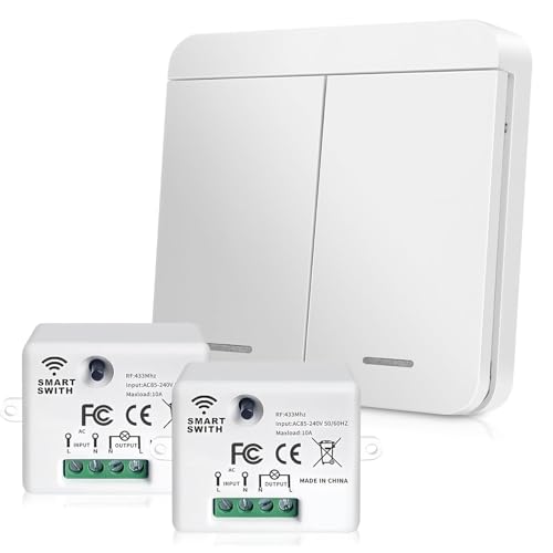GOEDCH Juego de 2 interruptores de luz inalámbricos: inalámbrico, mando a distancia, mando a distancia, juego de interruptores de luz inalámbricos, para Smart Home y control de lámparas, 86 x 86 mm