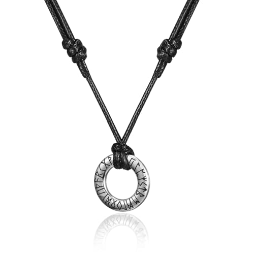 HSWYFCJY Collar Vikingo Runa Hombres Trenzado de Cuero Collar de Plata Redondo Runa Colgante Acero Inoxidable Nórdico de Talismán Joyería Regalos para Hombres Mujer
