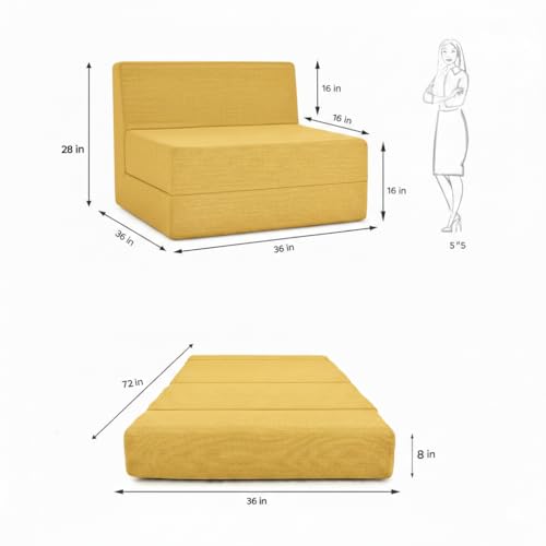 Image of Foldable One Seater Sofa Bed 3 x 6 Ft Jute Fabric Washable Cover Convertible Sofa Bed for Home & Office, Guest Room (Finish Color - Yellow - Pre-Assembled)