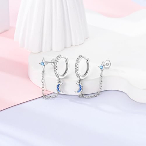 Hapour Double Piercing Chain Earrings for Women Teen, 925 Sterling Silver Hoop Earrings Huggie Cuff Chain Dangle Earrings with CZ Star Moon Charm3