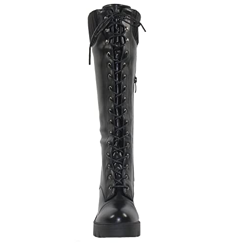 Generation Y GY-WB-SKY-33 Women'S Knee High Combat Boots Lace Up Chunky Heel Knitted Cuff Zipper Closure Black Smooth Pu Size 10 thumb #5