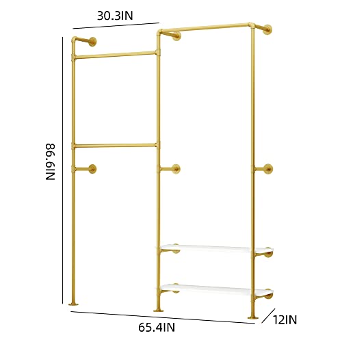 KaKaBB-Gold-Pipe-Clothing-Rack-Clothes-Rack-for-Wardrobe-Bedroom-and-as-walk-in-Closet-System-Double-Hanging-Rods-Clothes-Rack-with-ShelvesHeavy-Duty-Clothes-Rack-Wall-MountedGold