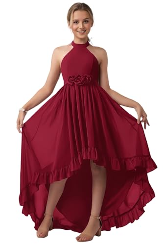 LTW 3D Flower Junior Bridesmaid Dresses Chiffon Flower Girl Dress Hi-lo Birthday Dress for Girls