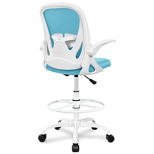 Primy Drafting Chair Tall Office Chair with Flip-up Armrests Executive Ergonomic Computer Standing Desk Chair with Lumbar Support and Adjustable Footrest Ring（Blue） 934-Z Blue