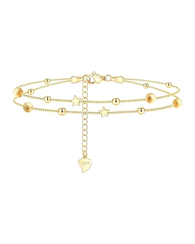 Image of Silver Ankle Bracelets for Women, Butterfly /Stars Cute Charm Anklet, 14K Gold Plated Layered Chain Anklets for Women Teen Girls