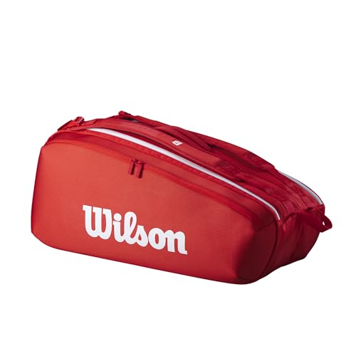Wilson Super Tour - Borsa per racchette da tennis, colore: rosso/bianco, può contenere fino a 15 racchette