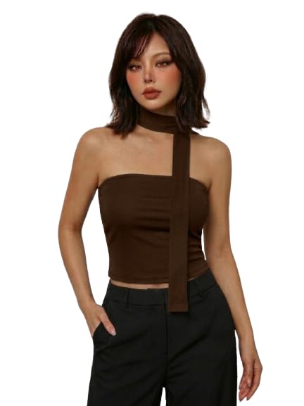 TIVANTE Women's Black Strapless Crop Top with Neck Tie Strap, Sleeveless Bandeau Style-image-43