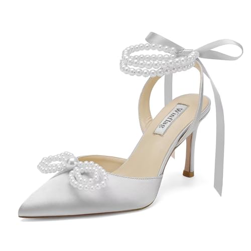 Image of Pearl Wedding Shoes for Bride High Heel Bridal Shoes Closed Toe Wedding Heels