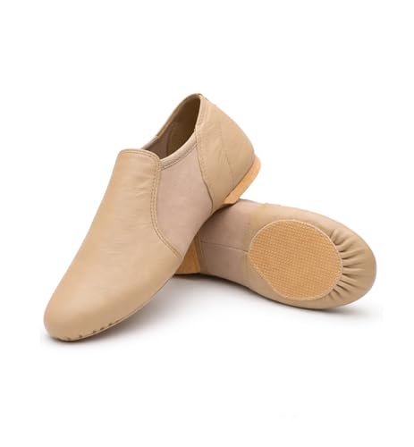 iKelpie Slip On Tan Jazz Dance Shoes Soft Leather Split Sole Flexible Neoprene Upper Rubber Heel Lightweight Modern Stage Dance Shoes for Kids & Adults Kids 6J