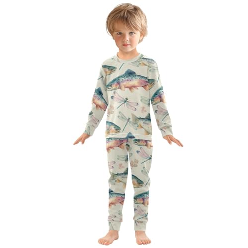 Pajama Sets Long Sleeve Fish Dragonfly Floral Background Soft Comfy Sleepwear 2 Piece PJS 3-8T2