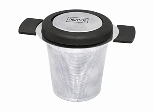 NERTHUS FIH 261 - Filtro de té, malla de Acero Inoxidable, Infusor de Té, Colador de Té con tamaño perfecto, Doble Asa, Negro O Gris, 11.3 x 11.7 x 8 cm