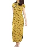 LZJN Women's Summer Chinese Cheongsam Dress Frog Button Modern Qipao Casual & Wedding Guest Dress(US,Alpha,Medium,Regular,Regular,Dark Yellow)