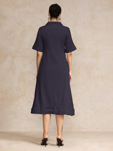 Image of Varanga Women Beige A -line Calf Length Dress Featuring Classic Shirt Collar and Short Sleeves which offering Comfort and Ease
