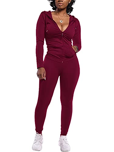 Women's Textured Two Piece Outfits Tracksuits Jogging Suits 2 Pc Sets Jackets + Skinny Sweatpants Sweatsuits (XX-Large, Wine Red)