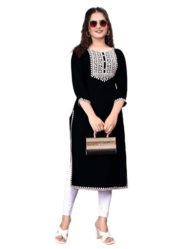 Image of Women Rayon Embroidered Kurti Three Quarter Sleeve Kurta for Women and Girls Embroidery Work Soft Rayon Fabric Comfortable