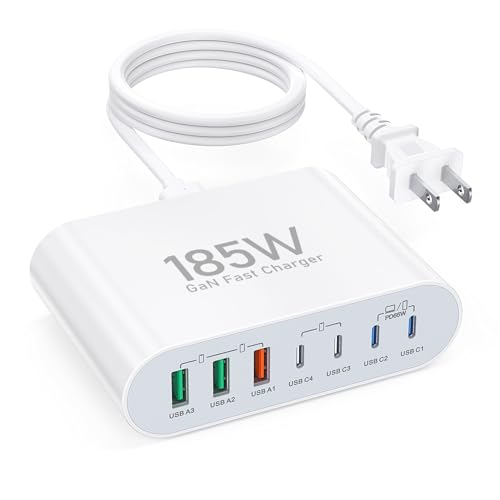 185W USB C Wall Charger,7 Port Compact PD GaN Fast Charging Station Block Hub Laptop Charger Brick Power Adapter for MacBook Pro/Air iPad Pro iPhone 15/14 Galaxy S23 Note 20 Pixel LG Steam Deck