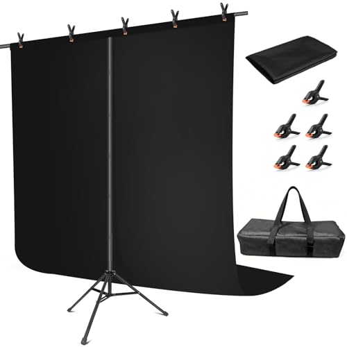 Hemmotop 8x7.5ft Black Backdrop Stand Kit Seamless Black Background Screen with Portable T-Shape Stand for Photography Wedding Birthday Graduation Parties Banquet Decorations