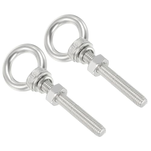 Image of uxcell M10*80 3 /8 inchx3.15 inch Stainless Steel Eye Bolts Threaded Screw Eyebolt Shoulder Ring with Nuts Washers for Lifting Hanging, 2 Set