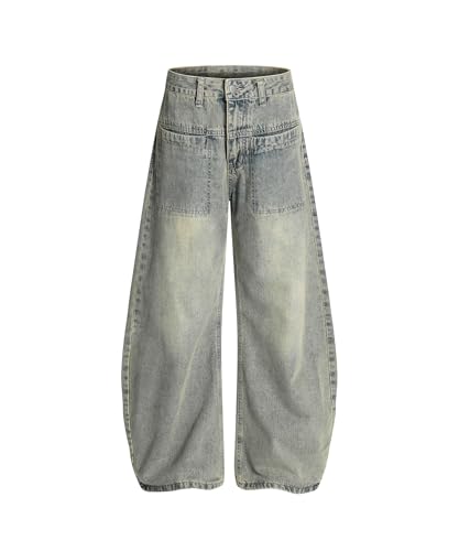 Unisex Vintage Barrel Jeans Washed Denim Loose Fit Retro Inside-Out Pocket Streetwear Trousers