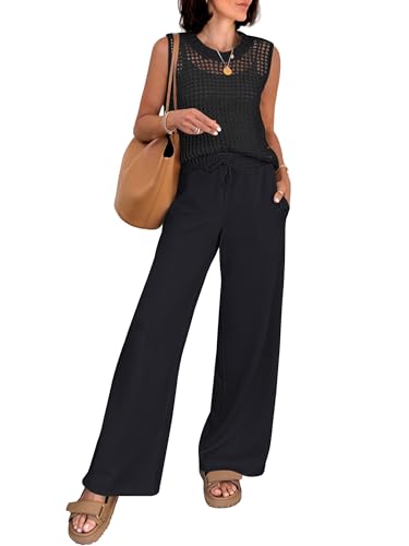 ANRABESS Women 2 Piece Summer Outfits 2026 Crochet Sweater Vest Wide Leg Pants Lounge Matching Sets Travel Vacation Clothes Black Small