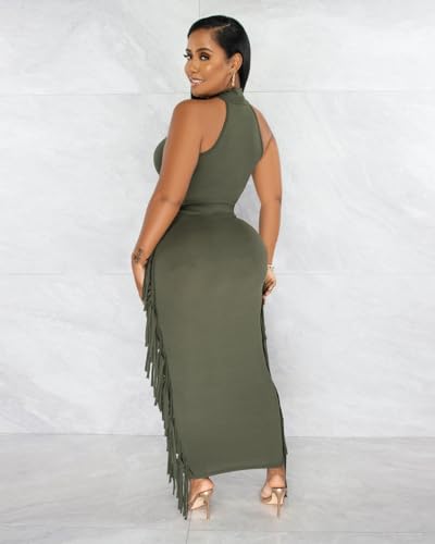 Image of 2 Piece Outfits for Women Sexy Halter Neck Sleeveless Crop Tops Ruched Bodycon Dresses Jumpsuits Fringe Skirt Sets