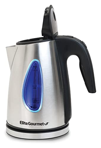 Elite Gourmet EKT-1271# Ultimate 1.7 Liter Electric Kettle – Stainless Steel Design & Cordless 360° Base, Stylish Blue LED Interior, Handy Auto Shut-Off Function – Quickly Boil Water For Tea & More