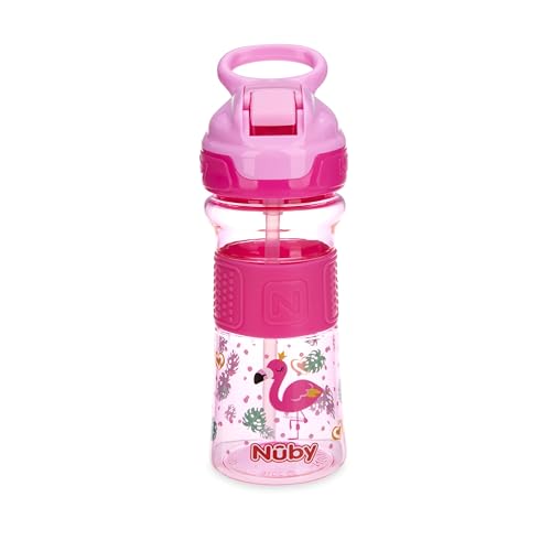 Nuby Thirsty Kids Flip-It Toddler Water Bottle with Easy Grip Band and Silicone Spout - 12 oz - Spill-Resistant - 18+ Months - Pink Flamingo