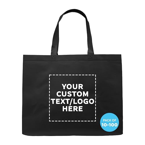 DISCOUNT PROMOS Custom Jumbo Sized Tote Bags Set of 10/50/100, Personalized Bulk Pack - Reusable Grocery Bags, Shopping Bags, Promotional Item Totes for Women - Black