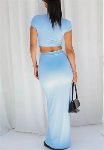 Image of Two Piece Skirt Set for Women 2 PC Y2K Outfits Short Sleeve Crop Tops Bodycon High Waist Long Maxi Skirts