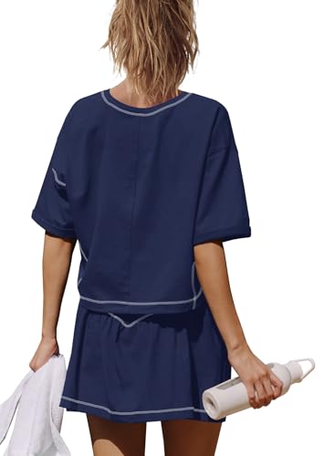 Nirovien Womens 2 Piece Workout Sets Summer Athletic Outfits Short Sleeve Crop Tops and Skirt with Shorts Set2