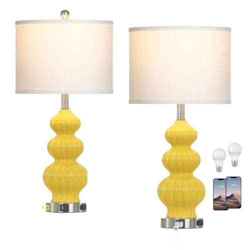 CXYWBD Lampada Tavolo Touch in Ceramica 2 Pollici con Porte USB A+C e Outlet di Alimentazione CA Camera Adatto per camere da Letto, Soggiorno, uffici, Libro (Giallo)