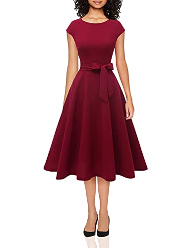 Women Casual Tea Dresses A Line Swing Vintage Cocktail Dress, Modest Church Formal Dress, Flared Bridesmaid Summer Dress for Party Graduation Homecoming Wedding Guest Prom Burgundy XL