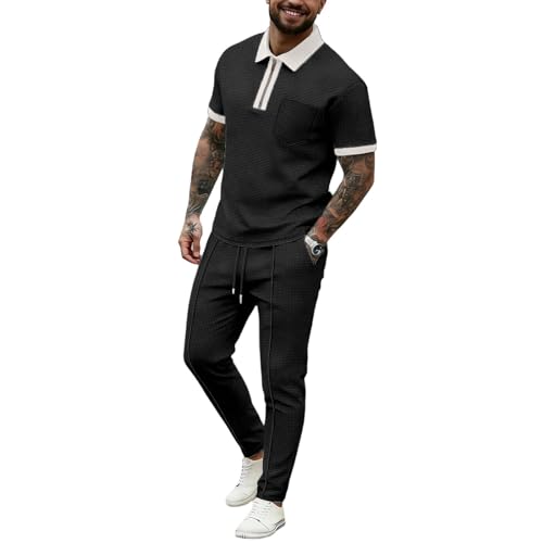 Survêtement d'été pour homme avec polo zippé et pantalon long gaufré